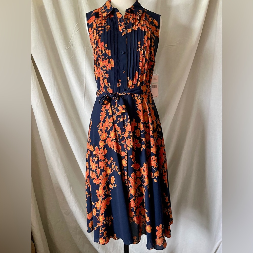 Nanette Lepore Navy and Orange Floral Midi Dress